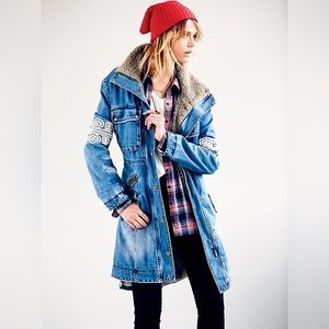 Free People Rare Rendered Embroidered Denim Sherpa Coat - XS